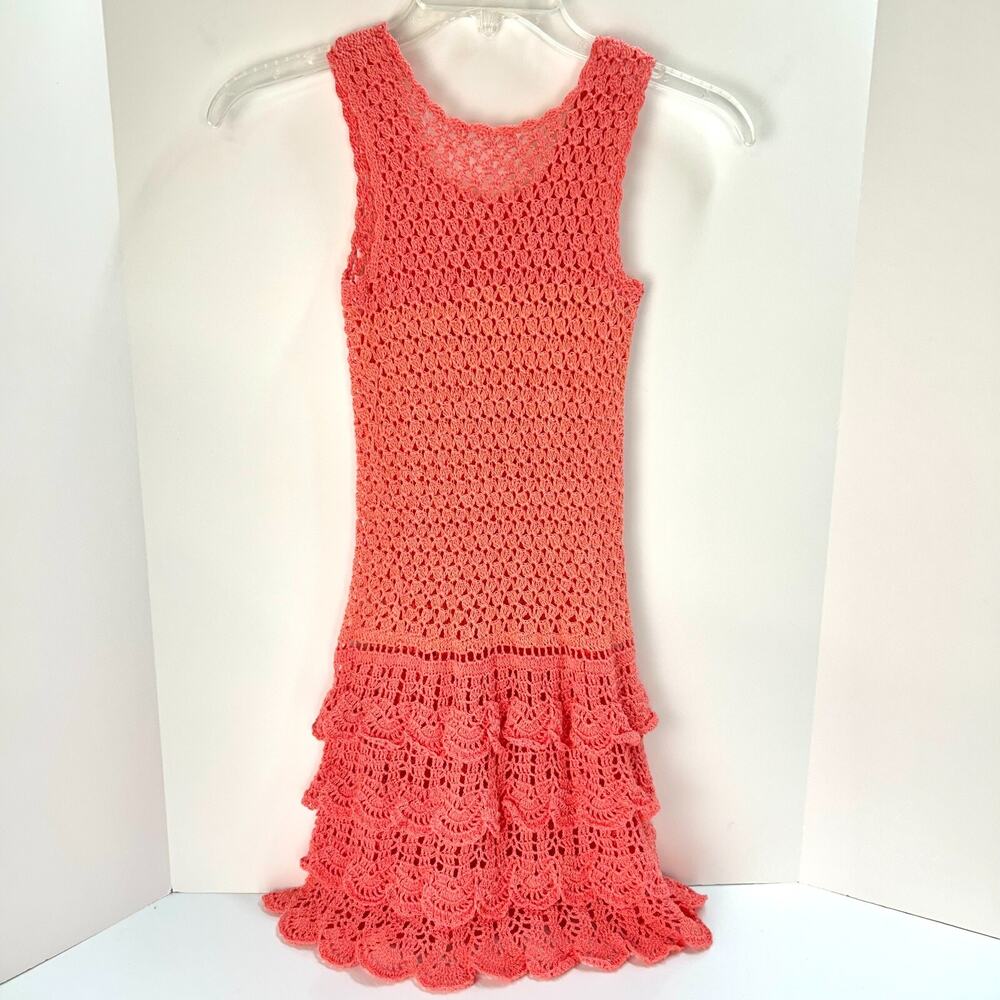 Handmade Crochet Ruffle Dress Girls Size 6 (30" Length) Pink Coral Sleeveless - Picture 12 of 13